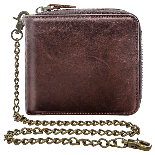 Image of boshiho Genuine Leather Bifold Chain Wallet for Men RFID Blocking | Heavy Duty Steel Anti-Theft Chain & 2 Zipper Coin Purse. Perfect for Bikers, Daily Commute, Gift for Dad /Husband