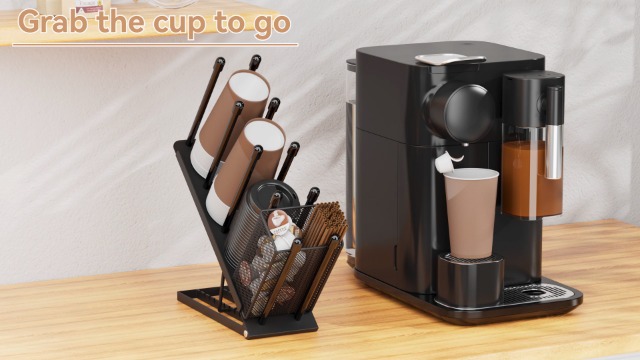 OVICAR Cup and Lid Holder - Adjustable Coffee Cup Holder Organizer 4 Compartment Disposable Cup Dispenser with Coffee Pod Straw Storage Basket for Coffee Station Bar Countertop Breakroom Metal Black