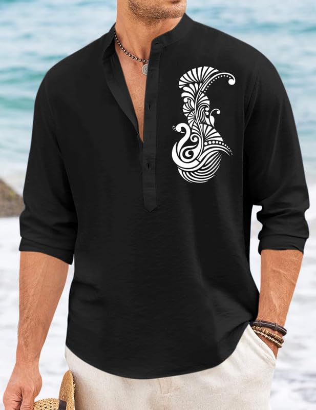 Image of FINIVO FASHION Men's Printed Cotton Blend Short Kurta with Artistic Chest Design | Stylish Full Sleeve Casual Kurta with Mandarin Collar for Daily, Travel Soft Textured