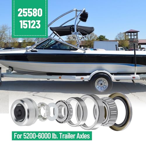 Image of 2 Sets 25580 15123 Boat Trailer Axles Bearing Kit | with Grease Seals, Spindle Nuts, 2.72 inch Dust Caps and Rubber Plugs, Cotter Pins for 5200-6000 lb.Tandem Axles #D42 Spindle