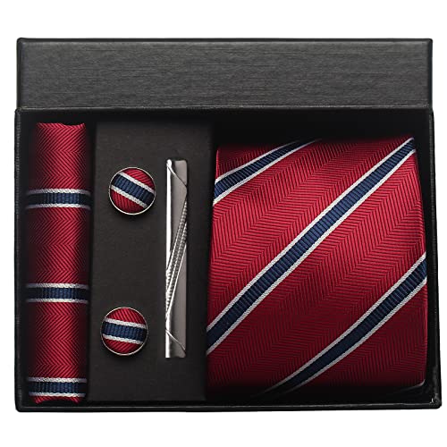 Image of Striped Plaid Polka Dot Mens Tie Formal Necktie Pocket Squares Ties Clips Cufflinks Classic for Men Set