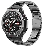 Lamsaw for Amazfit T-Rex 3 スマートウォッチ バンド, ステンレス製 メタル ベルト 金属交換バンド 時計ストラップ 長さ調整器具付き Amazfit T-Rex 3 48mmスマートウォッチ用 (ブラック)