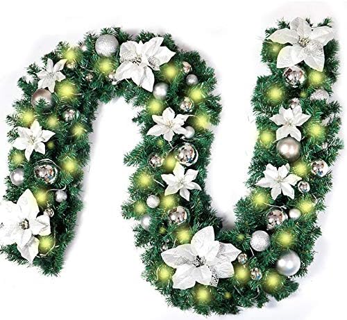 OuduoChristmas Garland with Lights, 2.7M Fireplaces Stairs Decorated Garlands 8 Modes Wreath Battery LED Lights Illuminated Baubles Flower Ball Xmas Tree Decor (Silver,2.7M)