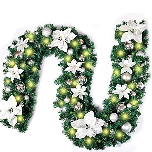 OuduoChristmas Garland with Lights, 2.7M Fireplaces Stairs Decorated Garlands 8 Modes Wreath Battery LED Lights Illuminated Baubles Flower Ball Xmas Tree Decor (Silver,2.7M)