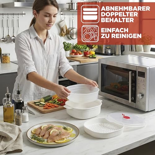 Snips - Dampfgarer für Mikrowelle Weiß 4L, Microwave Mikrowellenschüssel mit 2 Tabletts - Mikrowellenbehälter Spülmaschinenfest… – Ansicht 2