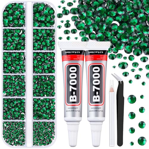 6100Pcs Resin Rhinestones for Crafting with 2Pcs 10ml B7000 Jewelry Glue 1 Box Flatback Crystals Diamond (Emerald Green) for Bedazzling Crafts DIY Nail Art Non Hotfix Gems for Clothing Shoes