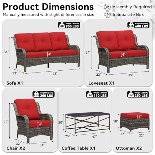 Image of 7 Piece Outdoor Wicker Patio Furniture Set, Patio Chairs Set with Thickened Olefin Cushions, High Back and Deep Seating, Hand-Woven PE Rattan, Ottoman for Porch, Deck