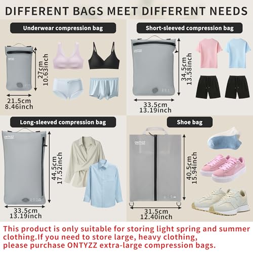 ONTYZZ 4 Set Vacuum Bags Organizer Suitcase Packing Luggage with IPX8 Waterproof Zipper Travel Vacuum Compression Bags Durable Seal Space Saver Bags for Travel Accessories, Grey (No Pump)2