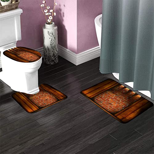 Badezimmerteppich-Set, 3-teilig, rustikaler Wandziegeldruck, waschbare Badteppiche, rutschfest, mit Rückenpolster, Konturteppich und Toilettendeckelbezug – Bild 4