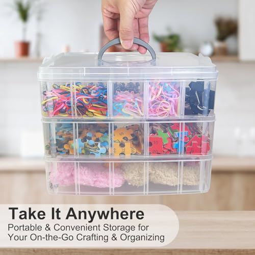 Image of 3-Tier Stackable Storage Container Box, 30 Compartments - Upgraded Large Clear Craft Organizer with Dividers for Beads, Small Toys, Jewelry, Washi Tape & Sewing Supplies