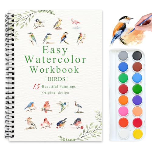 Watercolor Workbooks, 16 Colors Water Color Books Paint Set for Adults, Watercolor Coloring Book for Beginners, Water Color Workbook, 15 Beautiful Paintings for Beginners (Birds)