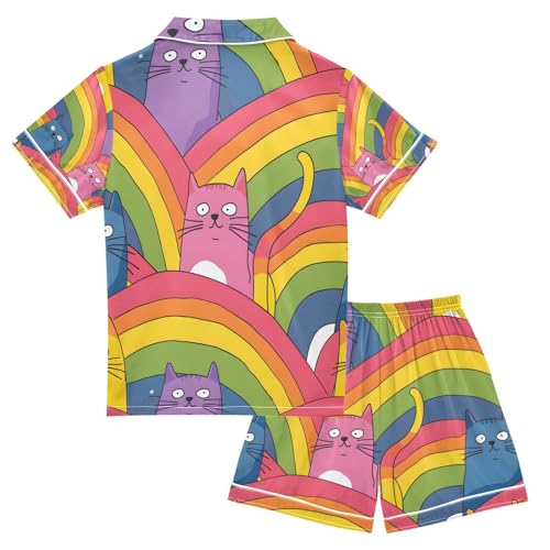 senya Cat Rainbow A Satin Summer Pajama Sets Silk Short Sleeve Button Down Sleepwear2