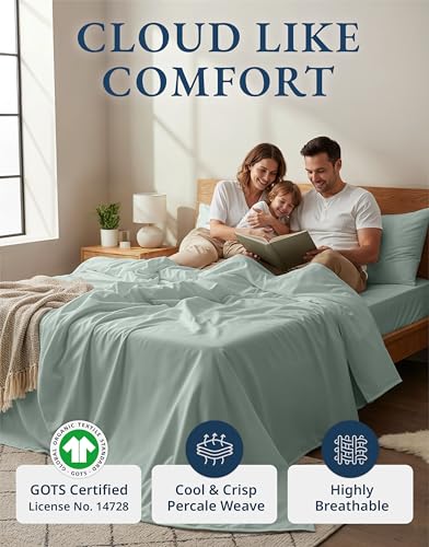 Image of LANE LINEN 100% Organic Cotton Twin Bed Sheet Set, Soft & Comfy Low Pill Fade Resistant Machine Wash Reinforsed French Seam Sustainably Produced Eco Friendly Sabanas Twin- Cool Blue