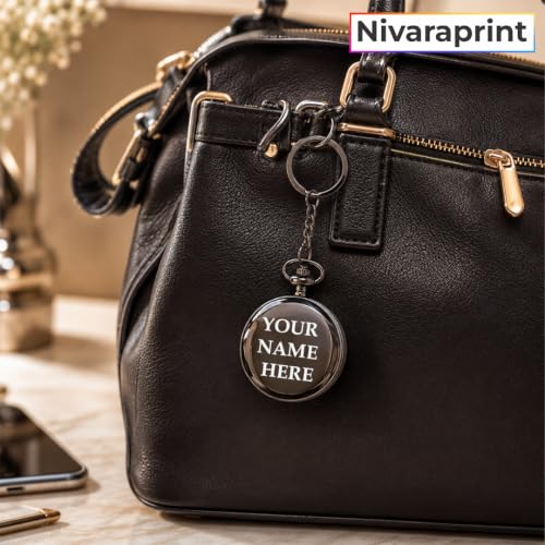 Image of Personalized Antique Analog Pocket Watch Keychain, Custom Engraved Vintage Style with Roman Numeral, Black Fob Watch for Men, Women, Groomsmen, Anniversary, Birthday Gift