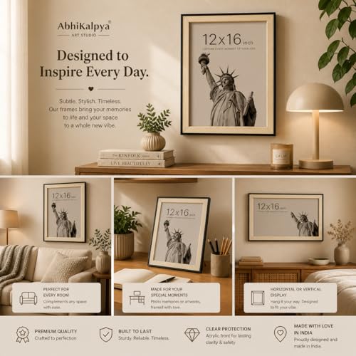Image of AbhiKalpya Art Studio A3 Photo Frame 12x16 Inch Premium Beige Frame with Brown Border with Acrylic Front Wall Hanging Frame for Artwork, Posters, Paintings & Photos (Set of 1)