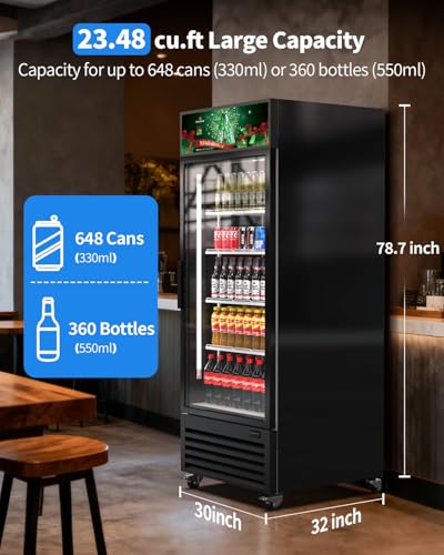 Image of Commercial Refrigerators with Glass Door, 23.48 Cu.ft. Beverage Refrigerator Fridge Holds 648 Cans Upright Display Cooler with LED & Adjustable Shelves for Restaurant Stores, ETL DOE NSF Certified
