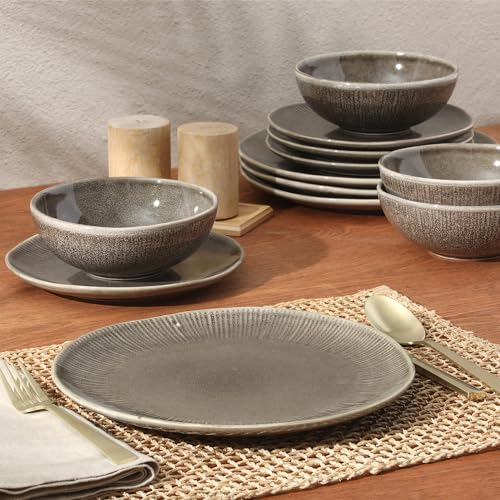 Image of Gibson Elite Sandy Pines Stoneware Plates and Bowls Set - 12 Piece Reactive Glaze Dinnerware Set - Service for 4 - Dishwasher and Microwave Safe - Brown