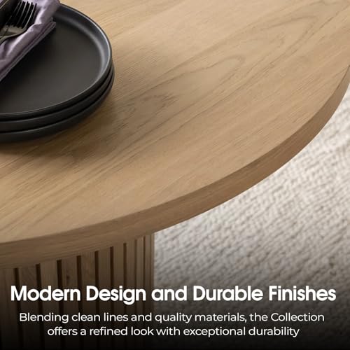 Image of Transformer Round Extendable Dining Table - Solid Wood Expandable Table for 4 to 8, Modern Space-Saving Kitchen & Dining Room Furniture with Hidden Storage (Natural Oak, Table + 4 Chairs + Bench)