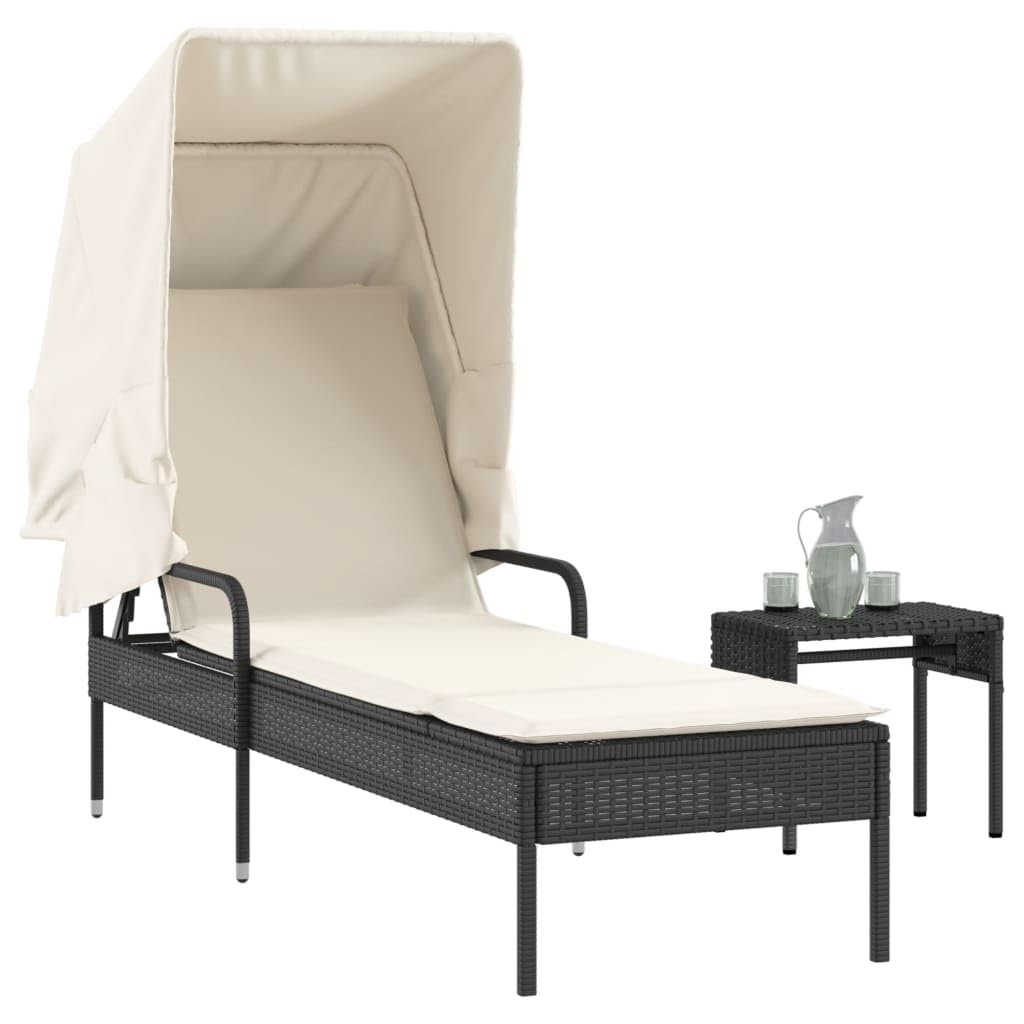 Sonnenliege mit Dach und Tisch Schwarz Poly Rattan Verstellbar Gartenliege Klappbar für Terrasse Balkon Pool Outdoor Camping Relaxliege mit Auflage