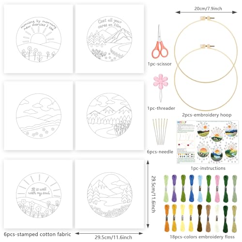 Image of INFUNLY 6 Sets Landscape Embroidery Kit for Beginner Sun Scenery Embroidery Starter Kit 11.8x11.8 A Better Life Hand Stitching Needlework Set with Step-by-Step Instruction for Home Decor