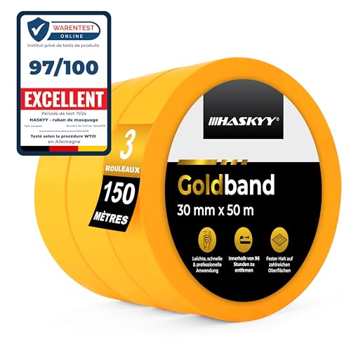 HASKYY Ruban de masquage pour peinture 30mm x 50m - 3x Rouleaux ruban adhésif crêpe pour travaux de peinture et de rénovation Intérieur et Extérieur, Résistant Aux UV - pour peindre vernir rénover