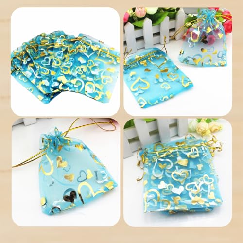 Image of 100 pcs 3.5 x 4.7 Inch Flower Heart Organza Jewelry Gift Pouch Candy Pouch Drawstring Wedding Favor Bags X92 (turquoise gold flower)