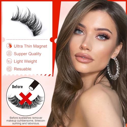 wiwoseo Magnetic Eyelashes Natural Look Magnetic Lashes No Glue Magnetic Eyelashes without Eyeliner Clear Band Lashes Wispy Cluster Lashes Look Like Extensions Magnetic Eyelashes with Applicator