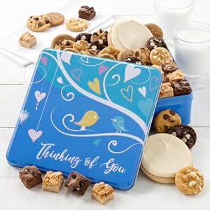 Mrs. Fields – Thinking of You Cookie and Brownie Combo Gift Tin, Assorted with 24 Nibblers Bite-Sized Cookies, 18 Brownie Bites, and 2 Frosted Round Cookies (44 count)