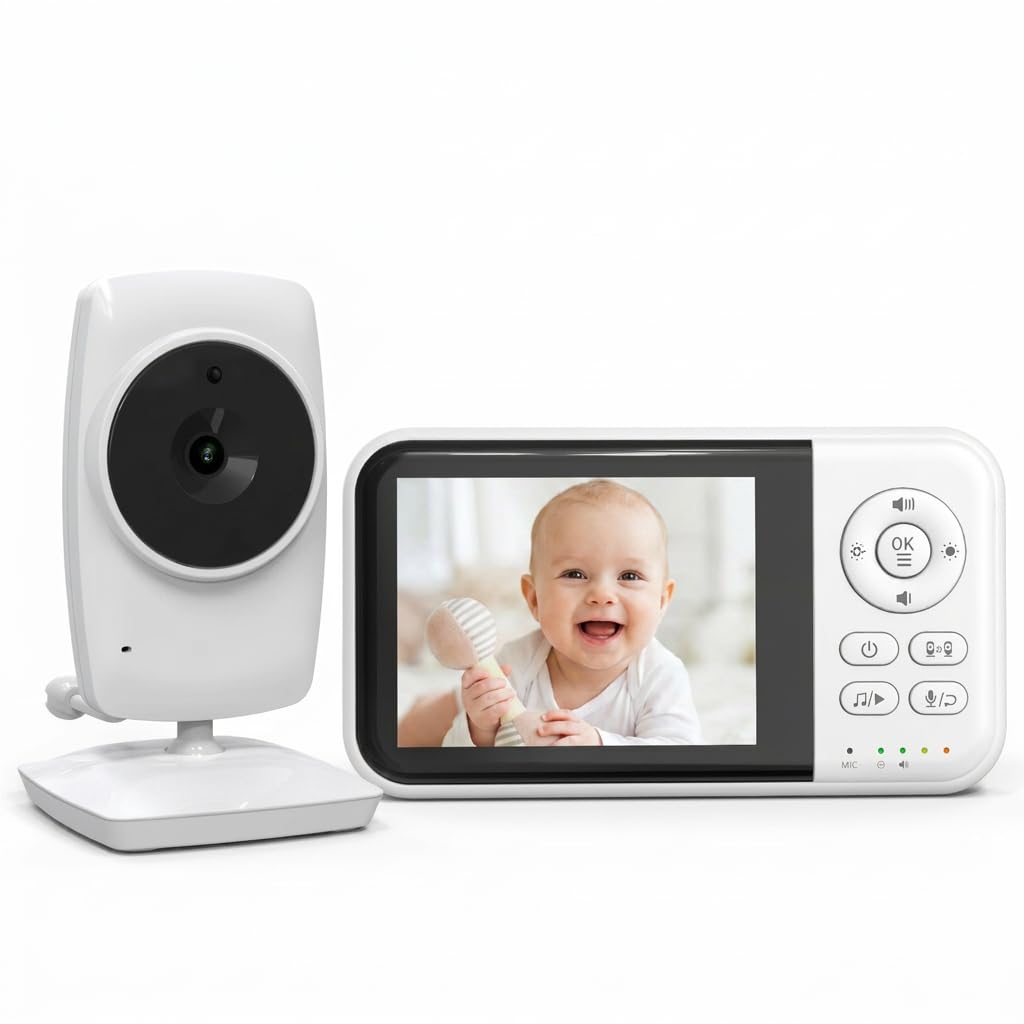 Monitor de bebé con cámara y audio, pantalla LCD de 3.2 pulgadas, visión nocturna, sensor de temperatura, conversación bidireccional, canciones de cuna, recordatorio de alimentación, modo ECO