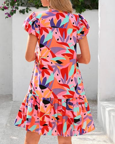 dowerme Womens Summer Dresses 2026 Puffy Sleeve V Neck Loose Floral Print A Line Boho Mini Babydoll Dress with Pockets(Red,XX-Large) — view 5