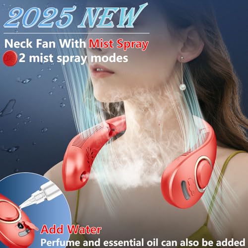 Image of Neck Fans for Women Rechargeable-Foldaway Personal Fan with Water Mist,Wearable Hanging Fan Around Neck,Small USB Rechargeable Neck Cooler for Mother's Day Father's Day Adults Kids Birthday Gifts Red