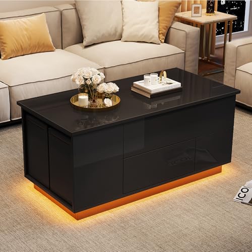 Merax Table basse réglable en hauteur, table de salon brillante avec plateau élévateur, table basse moderne avec LED, table basse avec 2 tiroirs, espace de...