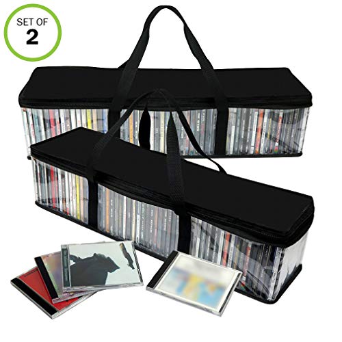 Evelots CD Storage Bag-Zippered-Clear-Handles-Hold 100 CDs Total-Black Top-Set/2