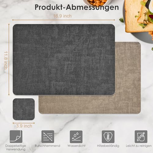KitchenBoss Platzsets Abwaschbar Tischsets Abwaschbar: Platzdeckchen und Untersetzer 6er Set Hitzebeständig Tischset rutschfest Doppelseitigen Platzset (Grau Aprikose) 43x30cm,10x10cm