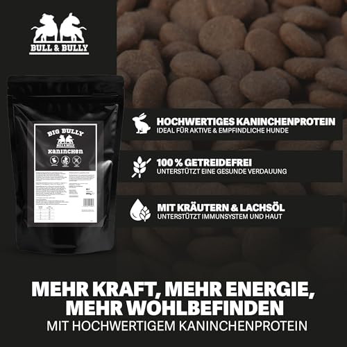BULL & BULLY – Big Bully Kaninchen 250 g Hundefutter Trocken Getreidefrei – Energiereiches Trockenfutter & Hundeleckerli für Starke, aktive Hunde – Dog Food & Leckerlies für Hunde mit viel Protein