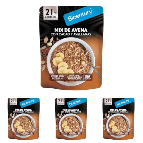Bicentury Mix Avena con Cacao y Avellanas. Preparado para un desayuno saludable y saciante. Rico en fibra, hierro, magnesio, fósforo y zinc. 220g (Paquete de 4)