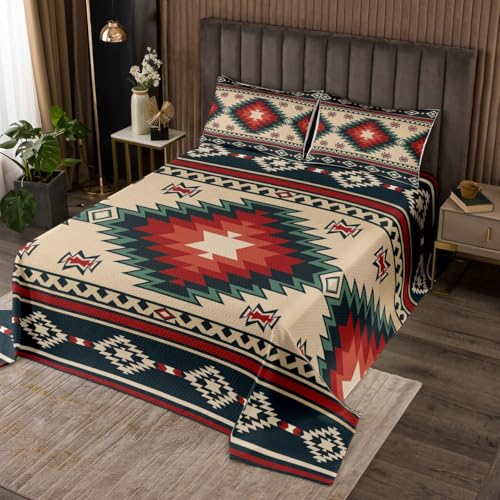 jejeloiu Boho Aztec Bedspread Southwestern Bedspread for Kids Boys Girls Rustic Farmhouse Coverlet Set Bohemian Tribe Quilted Room 3Pcs King Size
