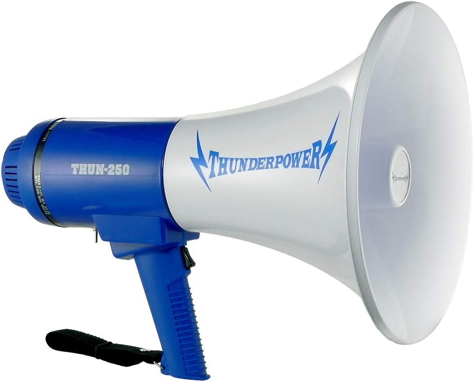 ThunderPower THUN250 Extra-Loud Megaphone Speaker – 25W Voice Amplified for 1,200-Yard Range - Bullhorn Megaphone with Voice, Siren & Whistle Mode - Bull Horn Loud Speaker with Shoulder Strap