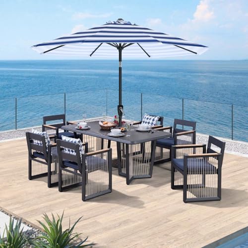 Image of ABCCANOPY 9FT Patio Umbrella Outdoor 8 Ribs Table Umbrella | Fade & UV Resistant Fabric,8 Fiberglass Ribs,Smooth Crank System,Blue White Stripes,Great for Patio,Backyard,Garden,Deck