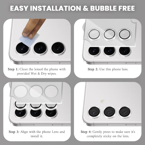 Image of ArmourPro Camera Lens Protector for Samsung Galaxy S23 and Samsung S24 with Auto Alignment Installation Frame, AR+AF Coated Tempered Glass Camera Rings, Anti-Scratch, Case Friendly | Silver