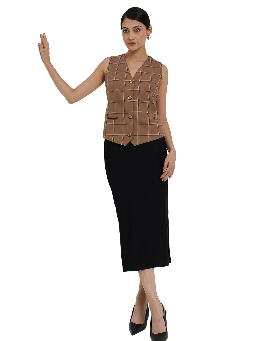 Women Casual Shirt | Tailored Fit V-Neck Sleeveless Checked Pattern | Breathable Cotton Fabric With Button Closure & Polyester Lining For Everyday Wear-image-7