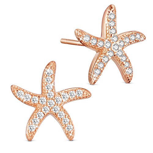 Sweetiee 925 Sterling Silver Ear Studs, Micro Pave AAA Zircon Starfish, Rose Gold, 11mm