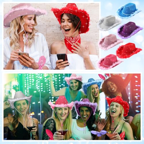 Image of Coume 12 Pcs Sparkly Adults Cowboy Hat and Bandanas Women Men Western Glitter Cowgirl Party Hats with Adjustable Drawstring