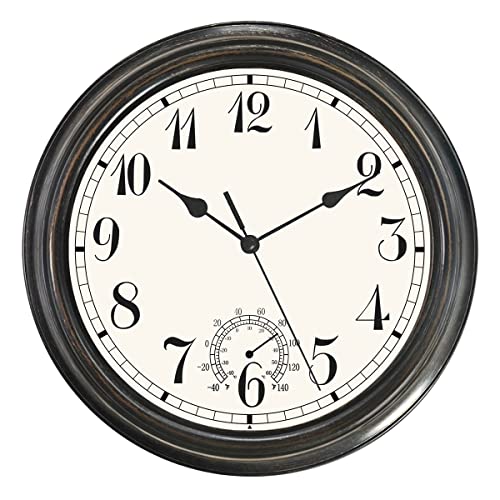Umexus Outdoor Indoor Wall Clock Waterproof And Thermometer, 12 Inches Retro Farmhouse Silent Non-Ticking Battery Operated Clock For Patio, Garden, Pool, Lanai, Porch Or Hanging Outside #TOP7