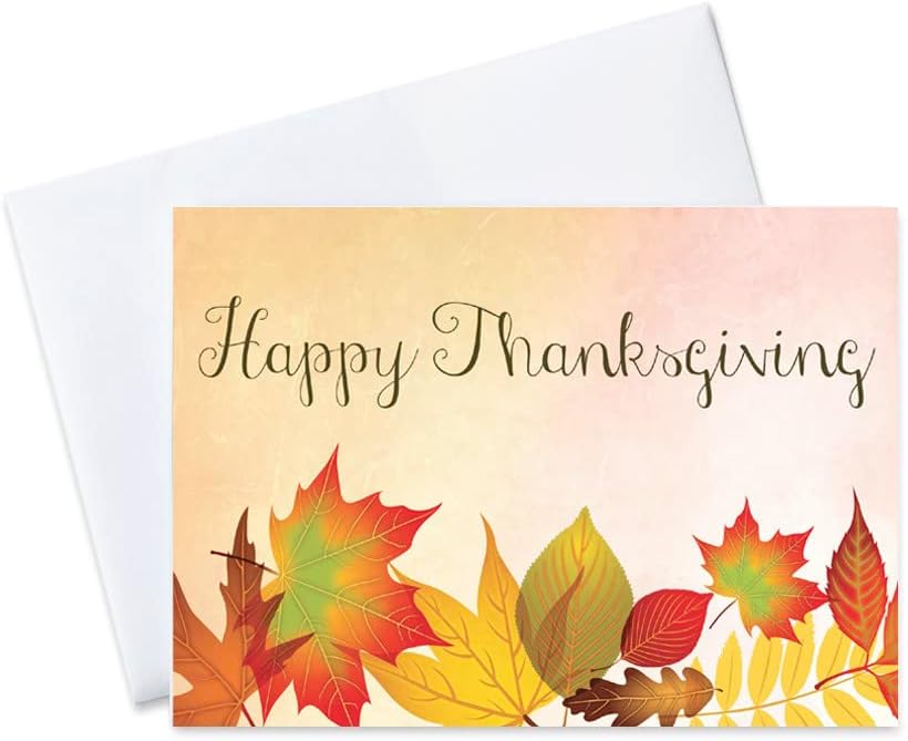 CEO Cards - Thanksgiving Greeting Cards (Watercolor Leaves), 5x7 Inches, 25 Cards & 26 White with Gold Foil Lined Envelopes (TH1503)