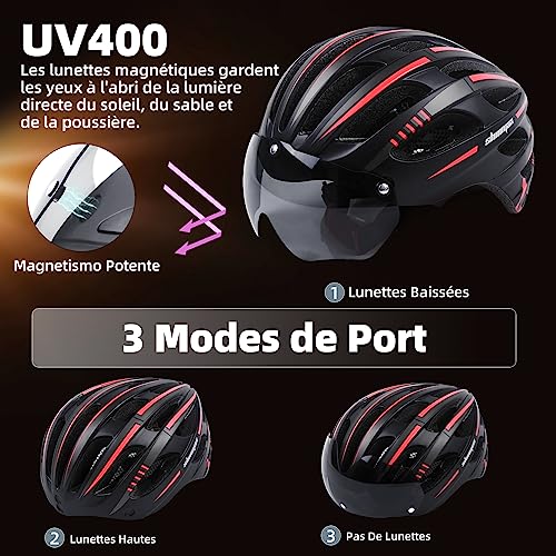 Casco Bici Con Luce Di Led - Casco Bici Uomo Donna Con Visiera Magnetica Staccabile Rimovibile Occhiali,Certificato Ce, Casco Da Corsa Per Mountain Bike Regolabile Con Strisce Riflettenti(Kt-94) - 3