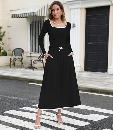 Women's Fall Ribbed Knit Two Piece Outfit Long Sleeve Top & High Waist Pleated Midi Skirt with Pockets4