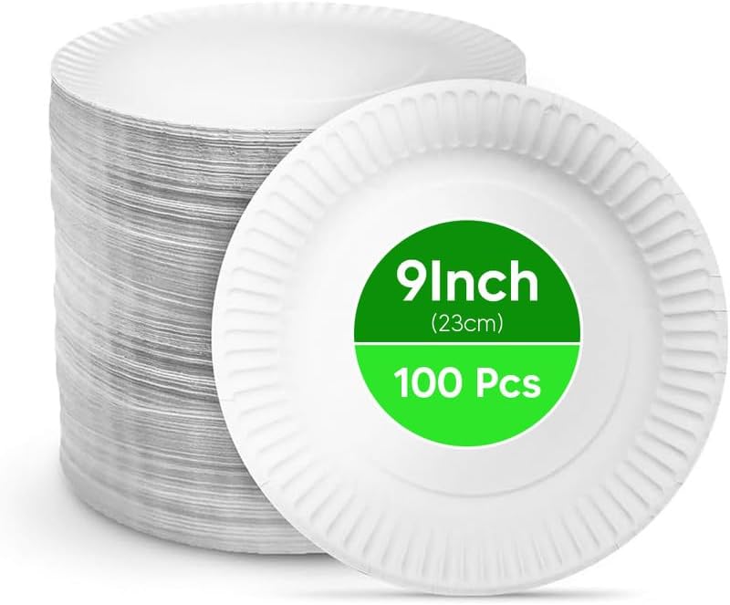 Biodegradable 100 Disposable Paper White Plates – Party and Wedding Plates for Hot and Cold Foods Microwave - (9 inch, 23cm) (Pack of 100)