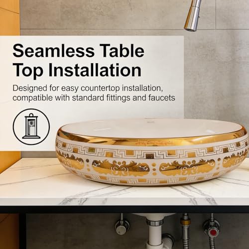 Image of Wallace Luxury Oval Table Top Wash Basin 60x40x15 cm | Royal Baroque Gold Pattern Ceramic Countertop Vessel Sink | Premium Vanity Basin for Bathroom, Hotel & Modern Interiors