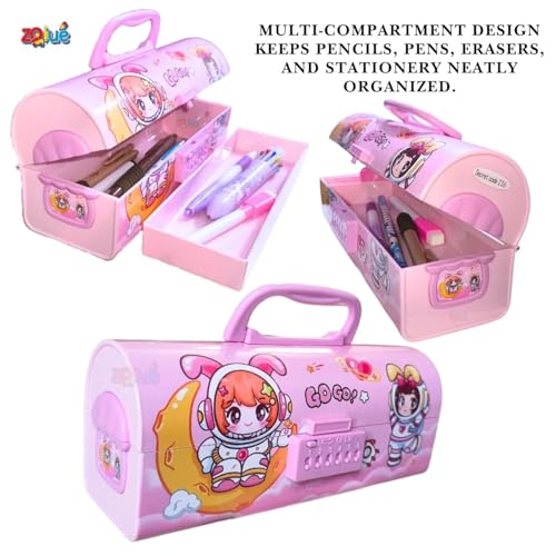 Image of WORSHIPER Cartoon Theme Pencil Box for Kids | Suitcase Style Password Lock Stationery Organizer | Multi-Layer Pen & Pencil Case for Boys & Girls (NEW GOGO Pink Box)